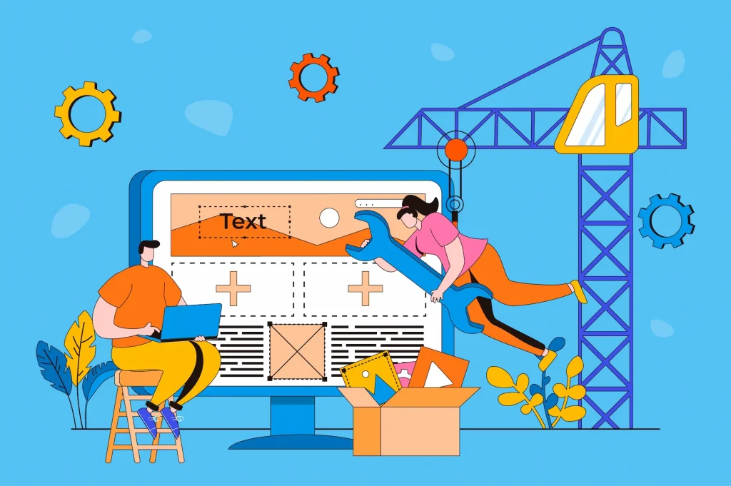Agence web Arras : designers construisant une interface de site avec outils et modules UI.