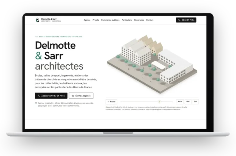 Le site de démonstration de l’agence Delmotte & Sarr architectes affiché sur un ordinateur portable