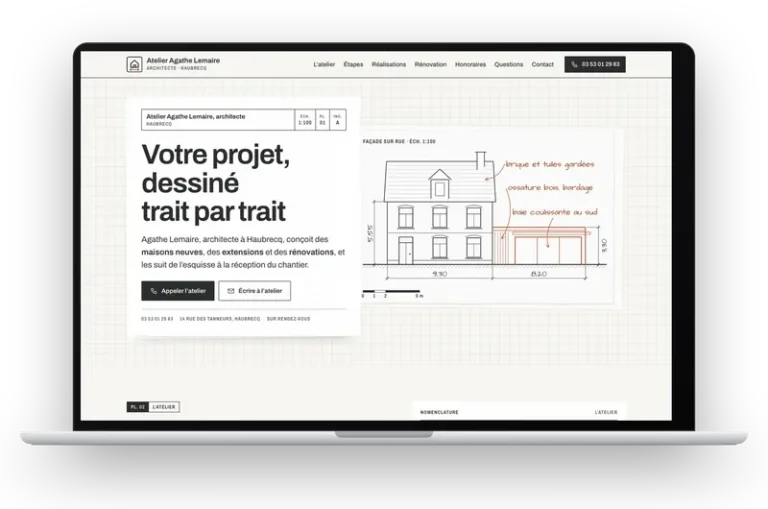 Le site de démonstration de l’atelier d’Agathe Lemaire, architecte, affiché sur un ordinateur portable