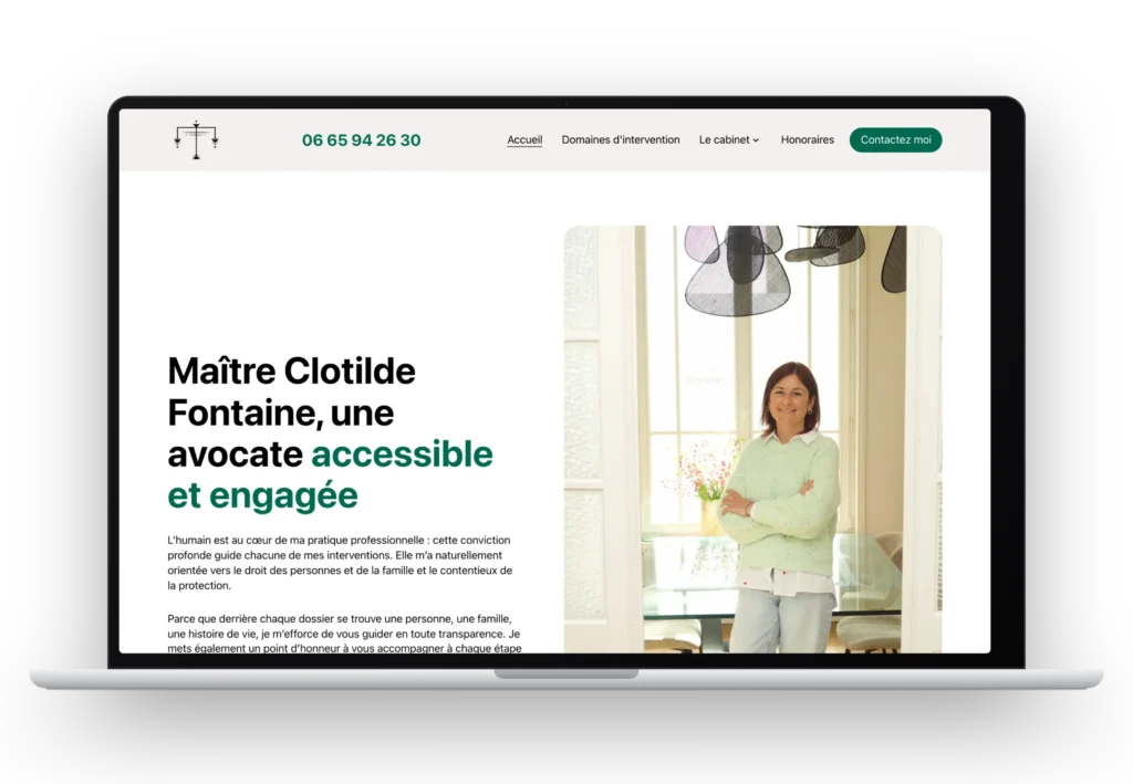 Mockup MacBook affichant la page d'accueil du site de Maître Clotilde Fontaine