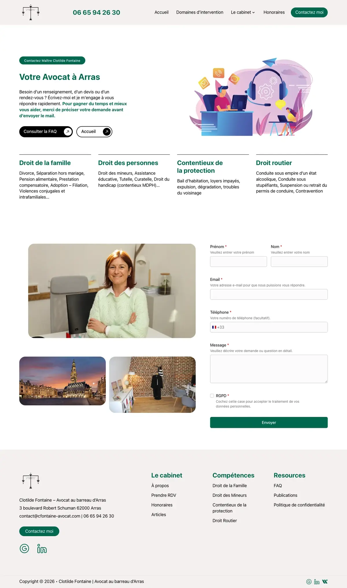 Contact du site Maître Fontaine sur ordinateur, capture de la page entière