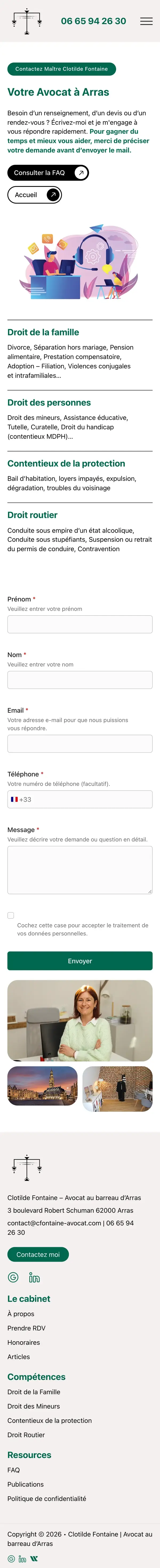 Contact du site Maître Fontaine sur téléphone, capture de la page entière