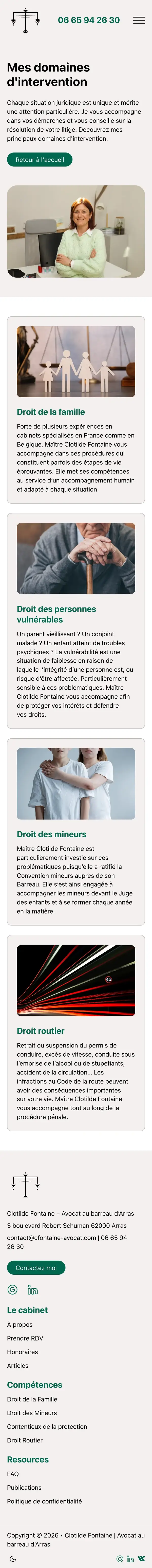 Domaines du site Maître Fontaine sur téléphone, capture de la page entière