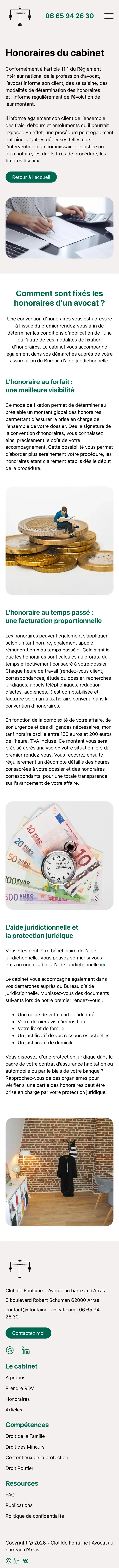 Honoraires du site Maître Fontaine sur téléphone, capture de la page entière
