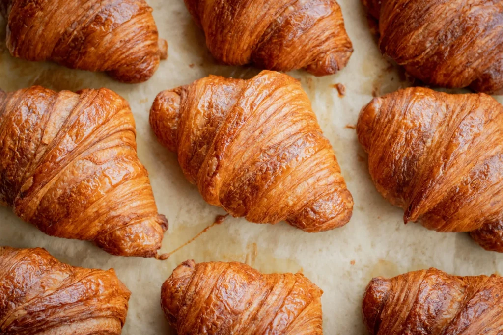 Croissants dorés disposés sur le plan de travail d'une boulangerie artisanale