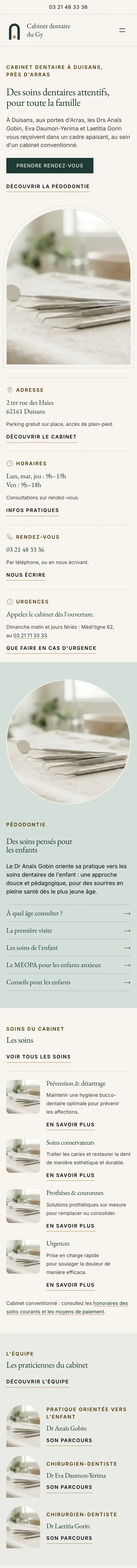 Page d’accueil du site du cabinet dentaire du Gy, à Duisans, sur téléphone