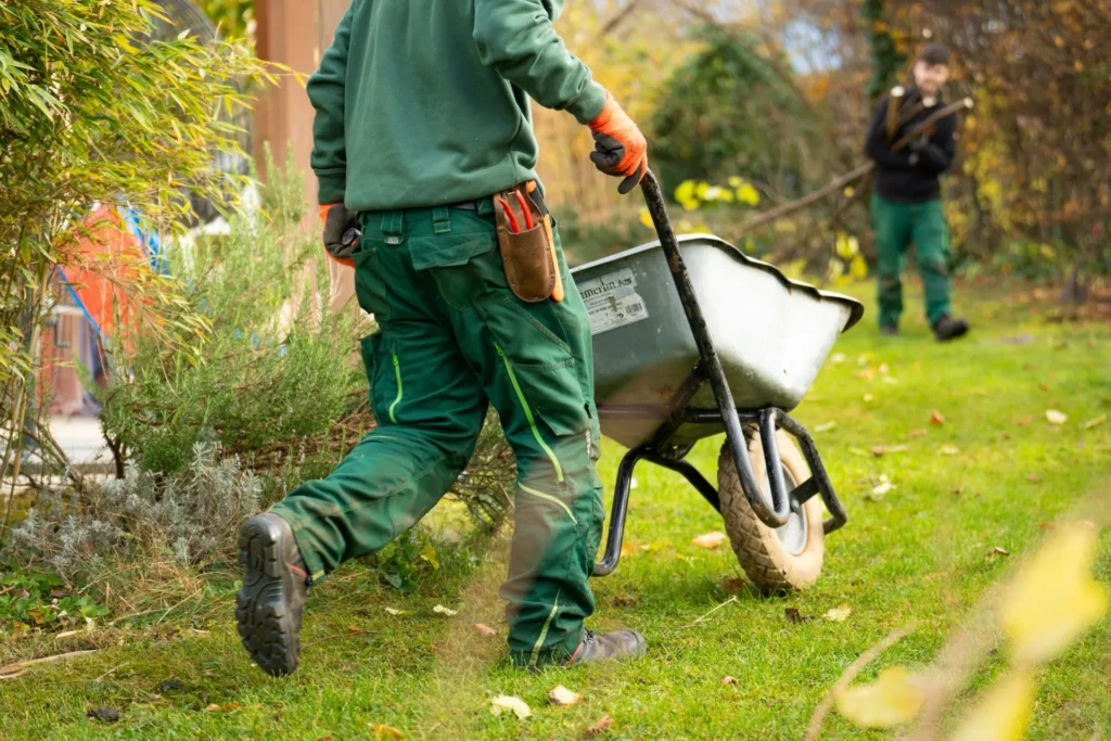 Paysagiste poussant une brouette dans un jardin en cours d'aménagement