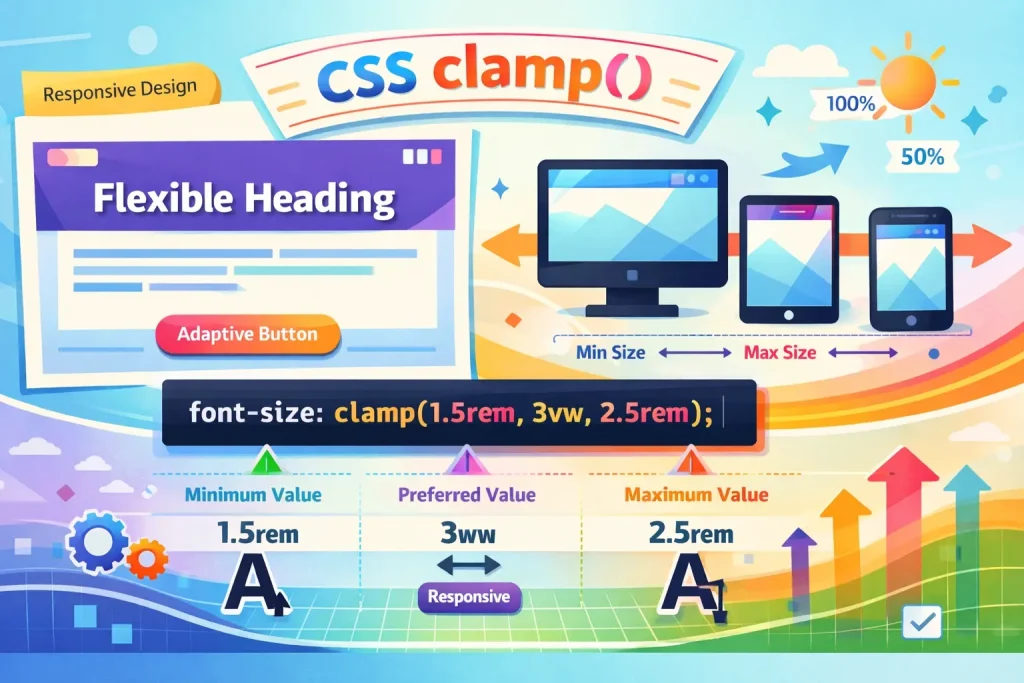Infographie expliquant la fonction CSS clamp() pour un design responsive