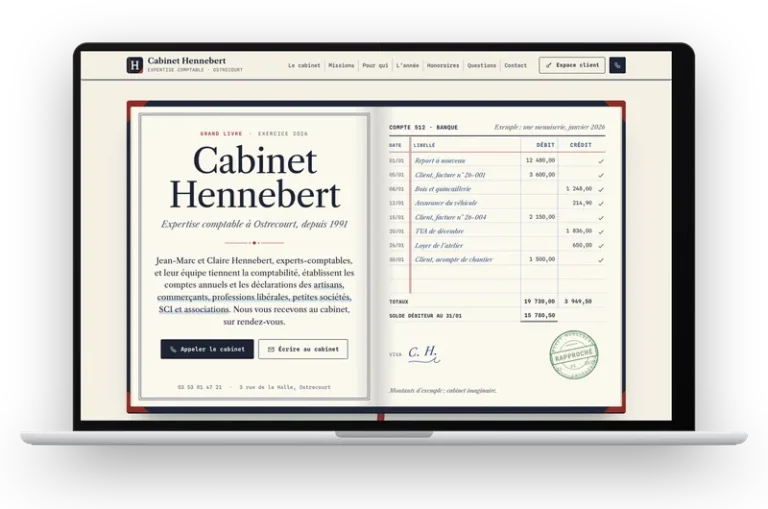 Le site de démonstration du Cabinet Hennebert affiché sur un ordinateur portable