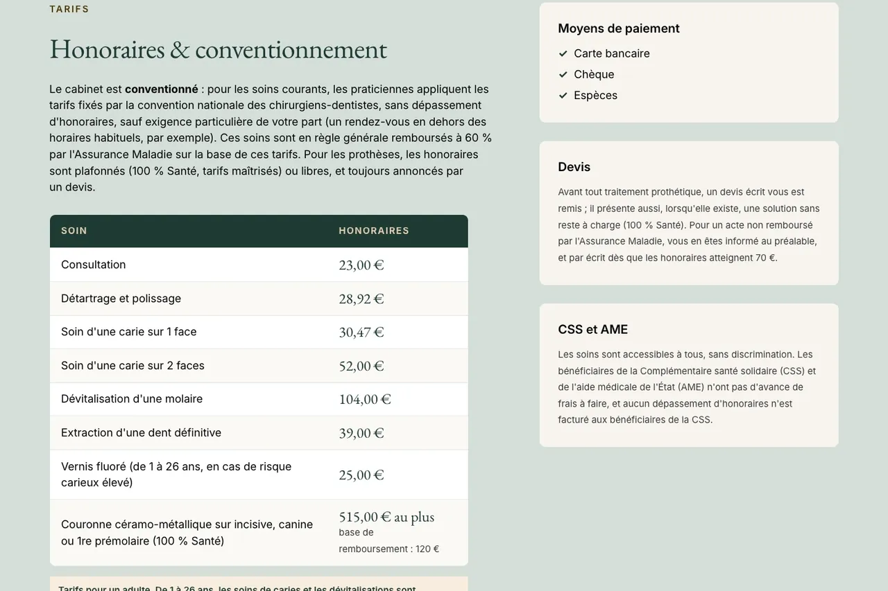 Détail du site Cabinet dentaire : le tableau des tarifs