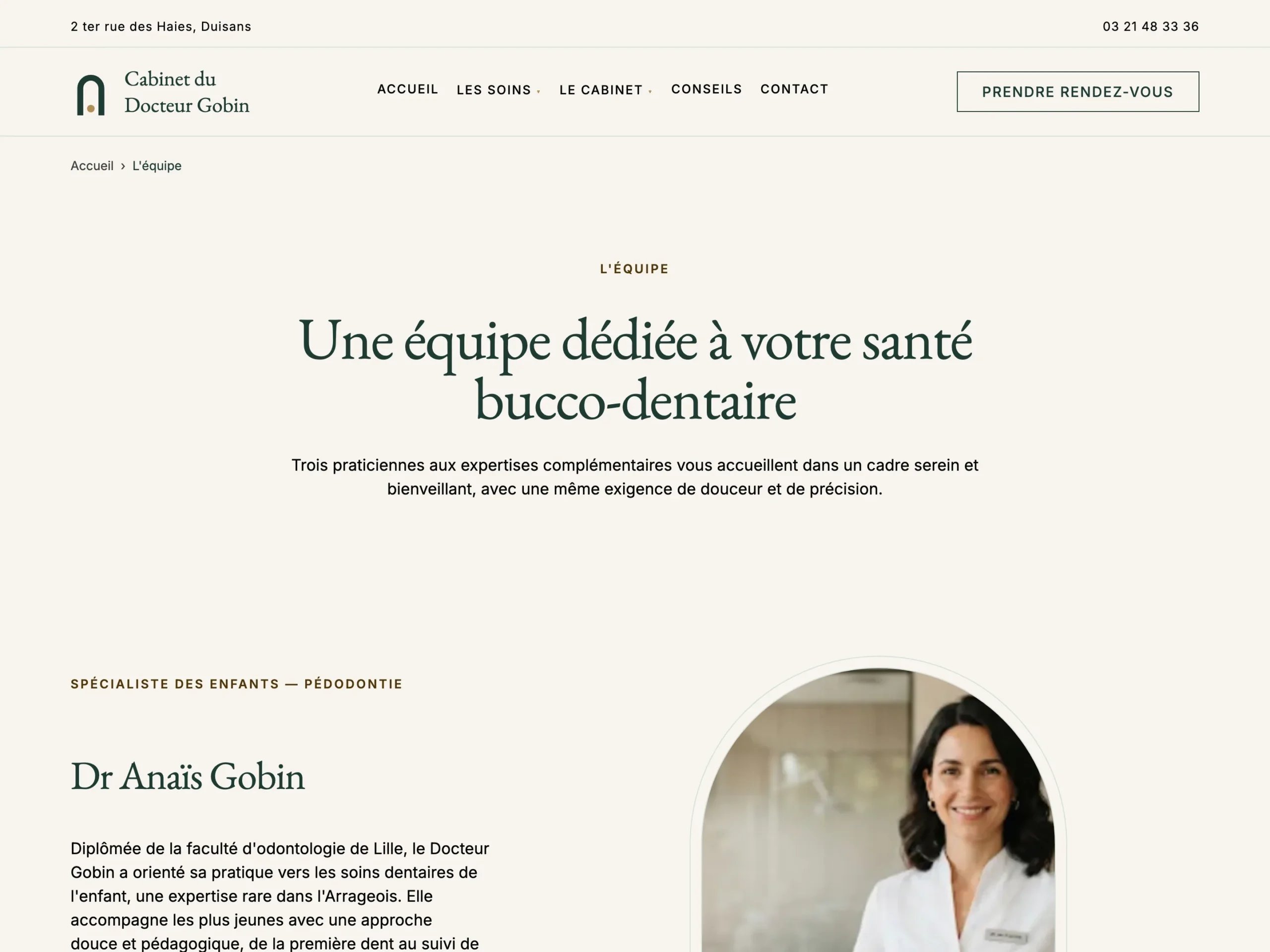 Page équipe du site du cabinet dentaire