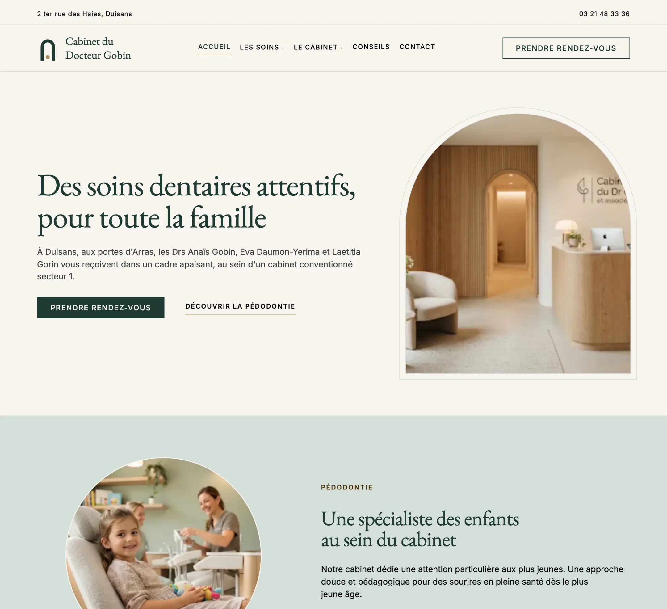 Page d’accueil complète du site du cabinet dentaire