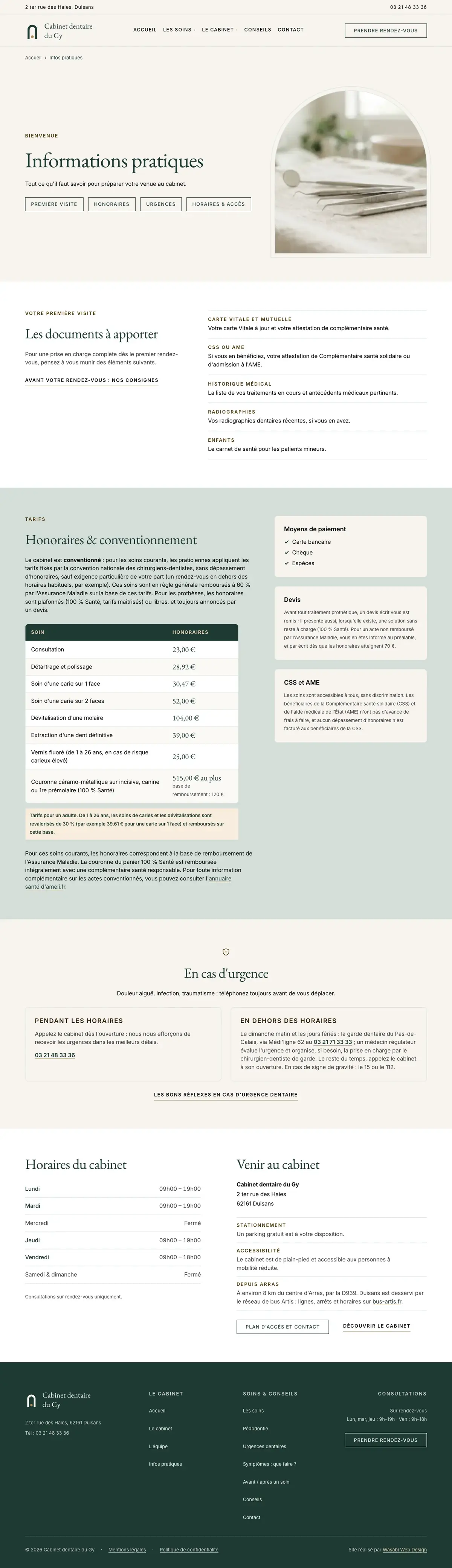 Infos pratiques du site Cabinet dentaire sur ordinateur, capture de la page entière