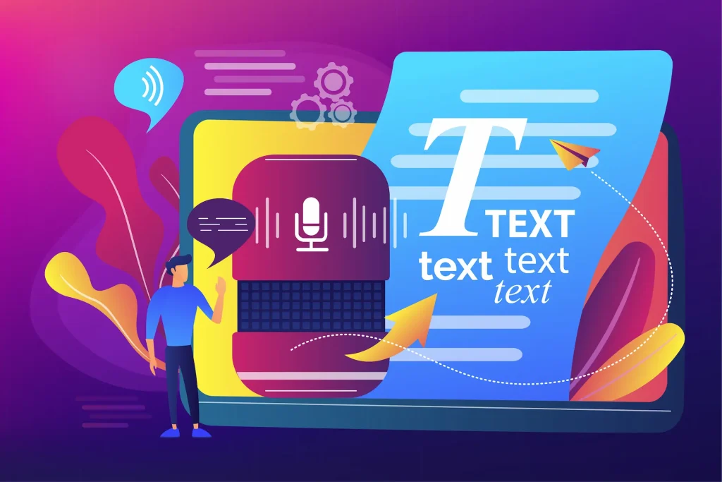 Outil de dictée/Transcription audio‑texte avec icône micro et flèches vers document