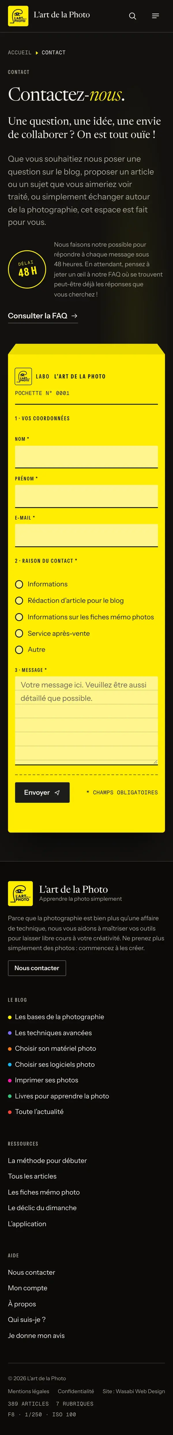 Contact du site L’Art de la Photo sur téléphone, capture de la page entière