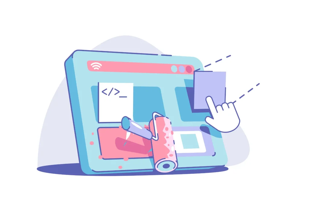 Illustration symbolisant le développement et le design web avec du code, un rouleau de peinture et une interface en glisser-déposer.