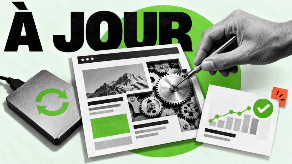 Une main règle l’engrenage d’une page web, à côté d’un disque de sauvegarde et d’un graphique validé.