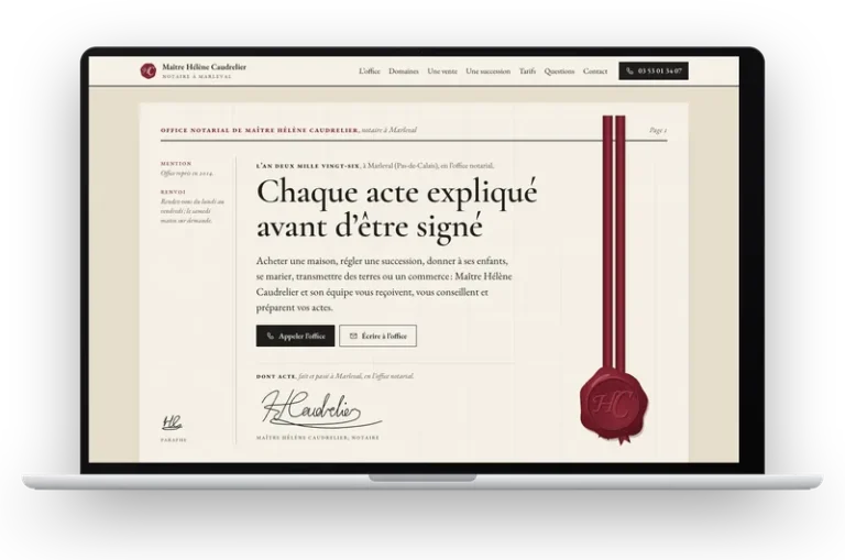 Le site de démonstration de l’office de Maître Hélène Caudrelier, notaire, affiché sur un ordinateur portable