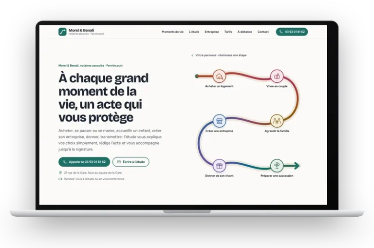 Le site de démonstration de l’étude Morel & Benali, notaires associés, affiché sur un ordinateur portable