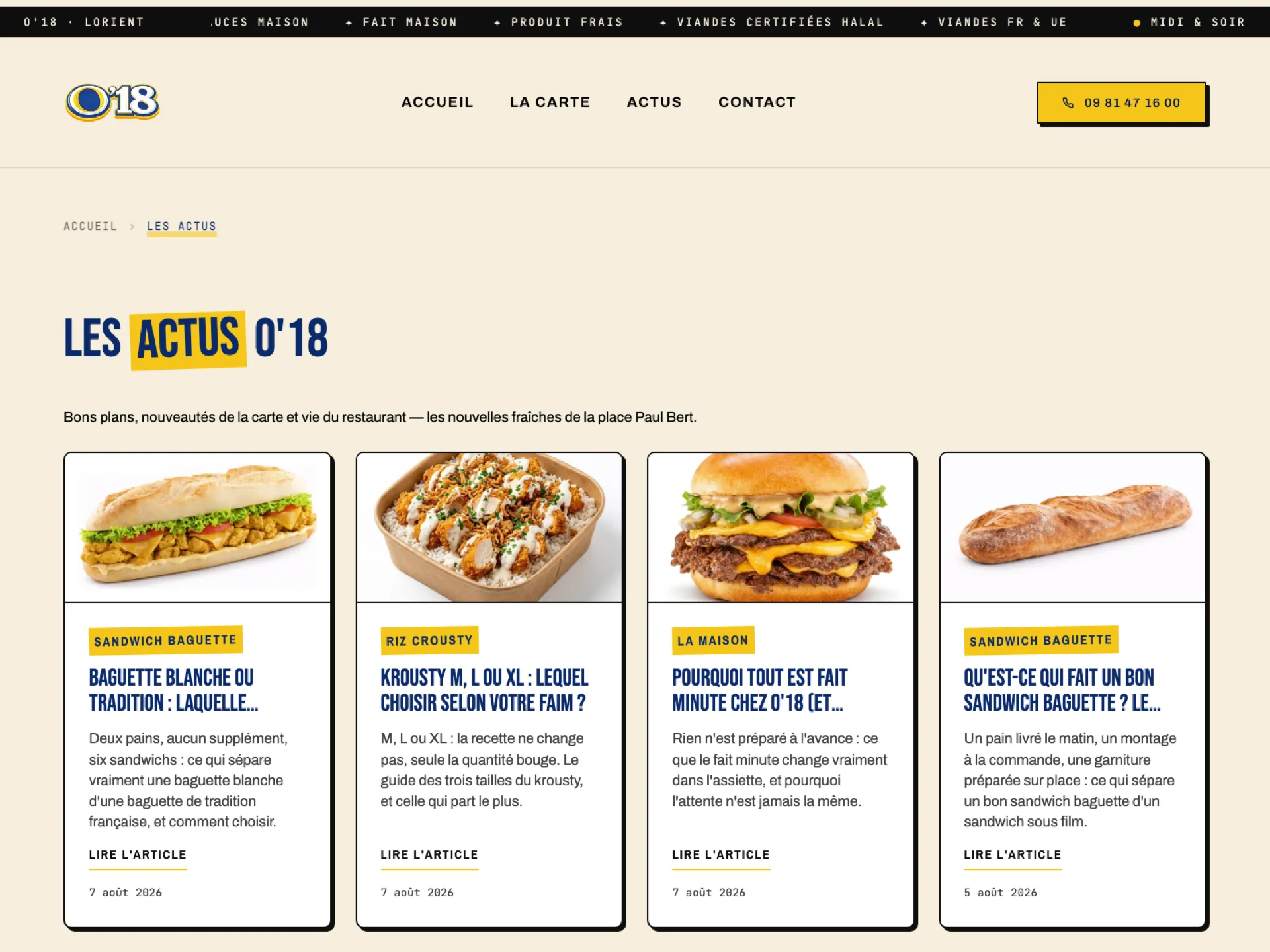 Le blog Les actus O'18 avec ses cartes d'articles