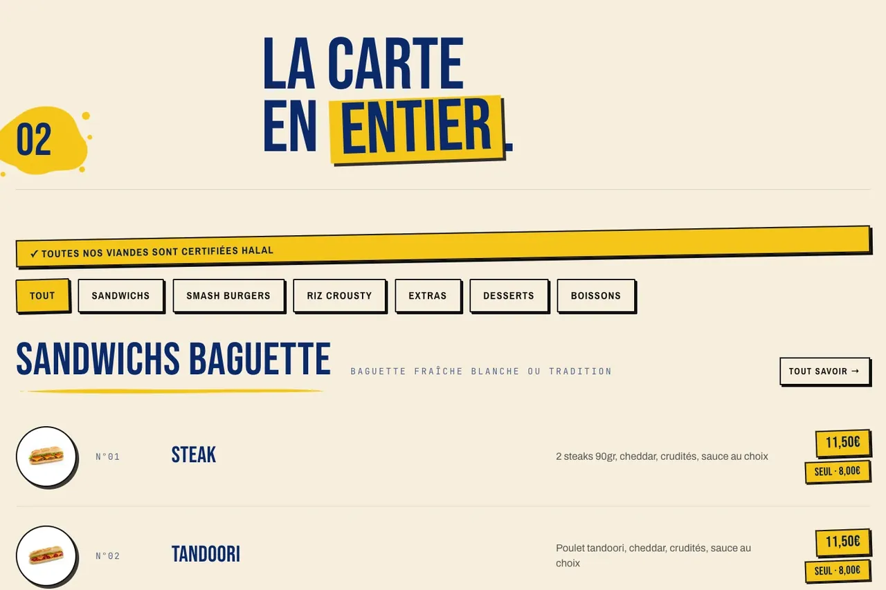 Détail du site O’18 : les onglets et les prix