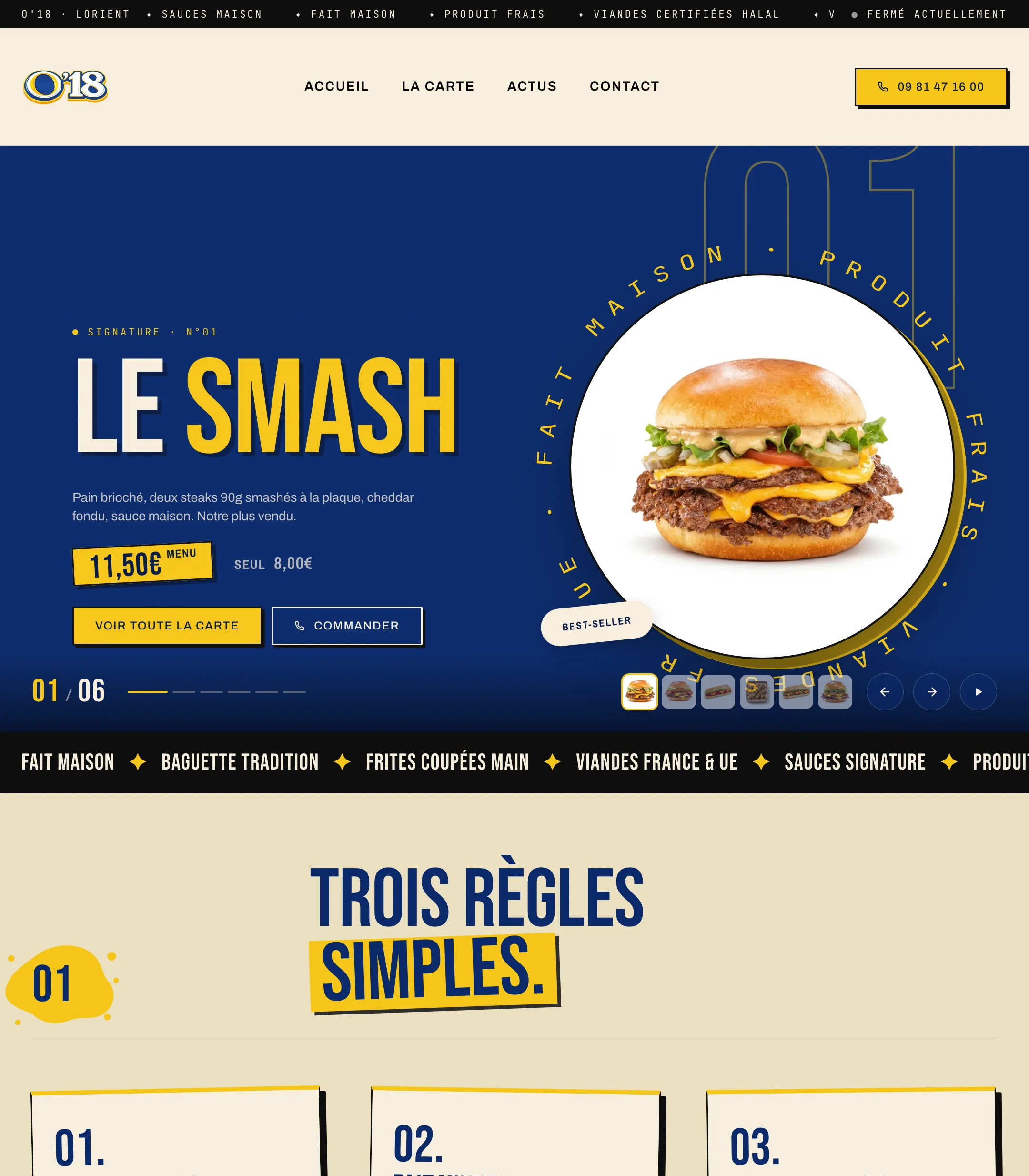 Page d'accueil complète du site odixhuit.fr, du hero au footer