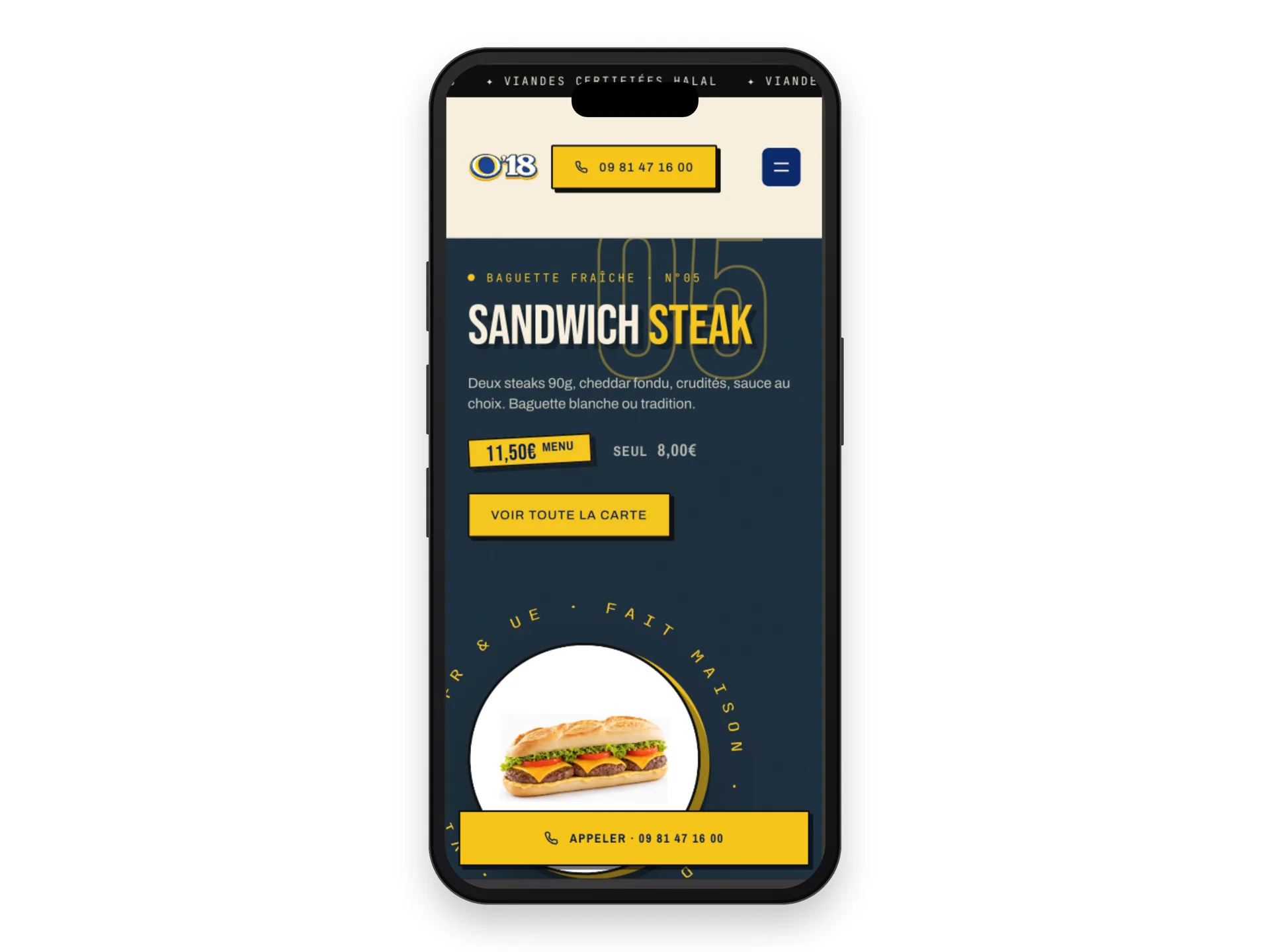 Mockup iPhone affichant la version mobile du site odixhuit.fr — slide Sandwich Steak