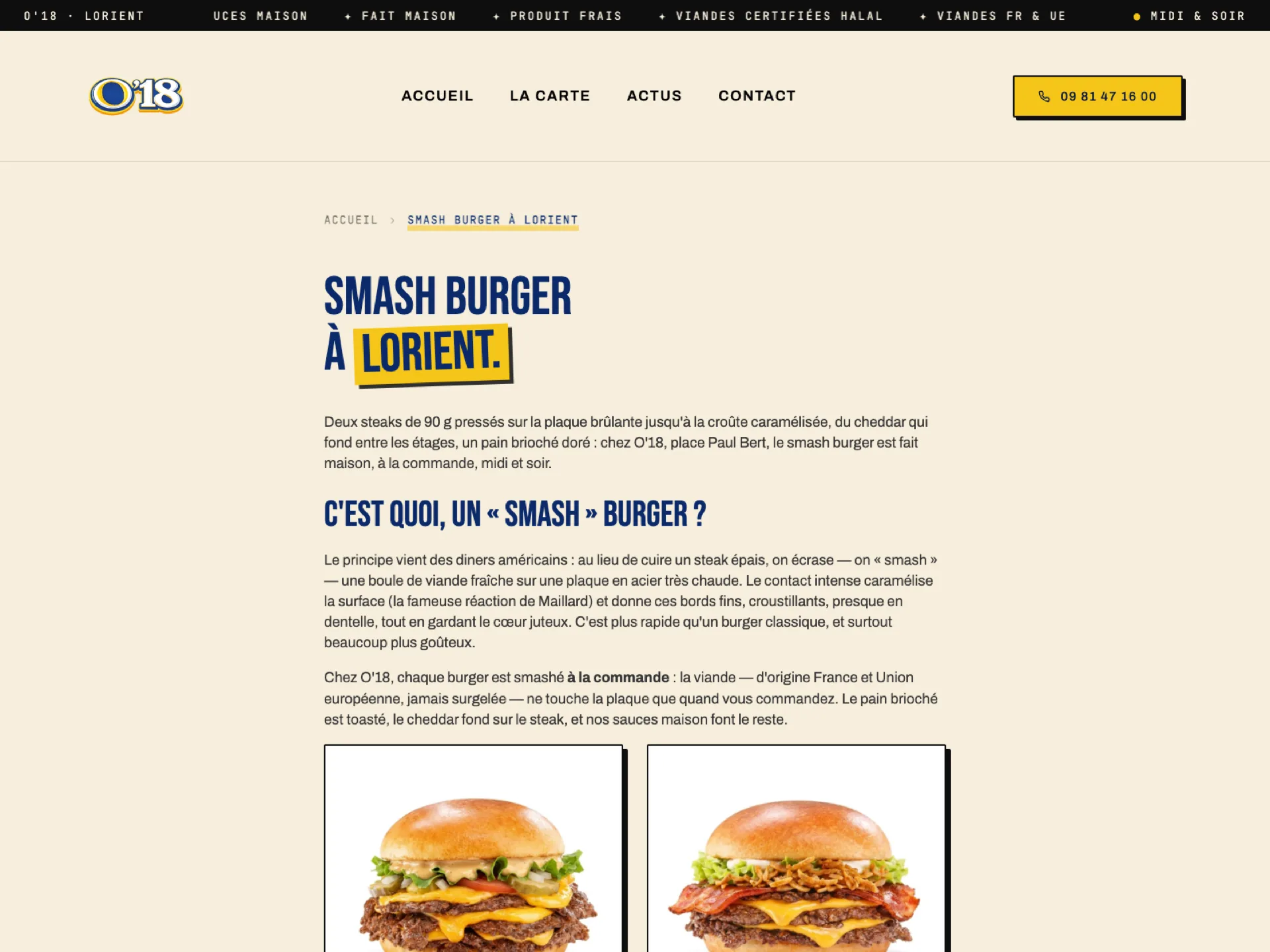 Page pilier SEO « Smash burger à Lorient » du site O'18