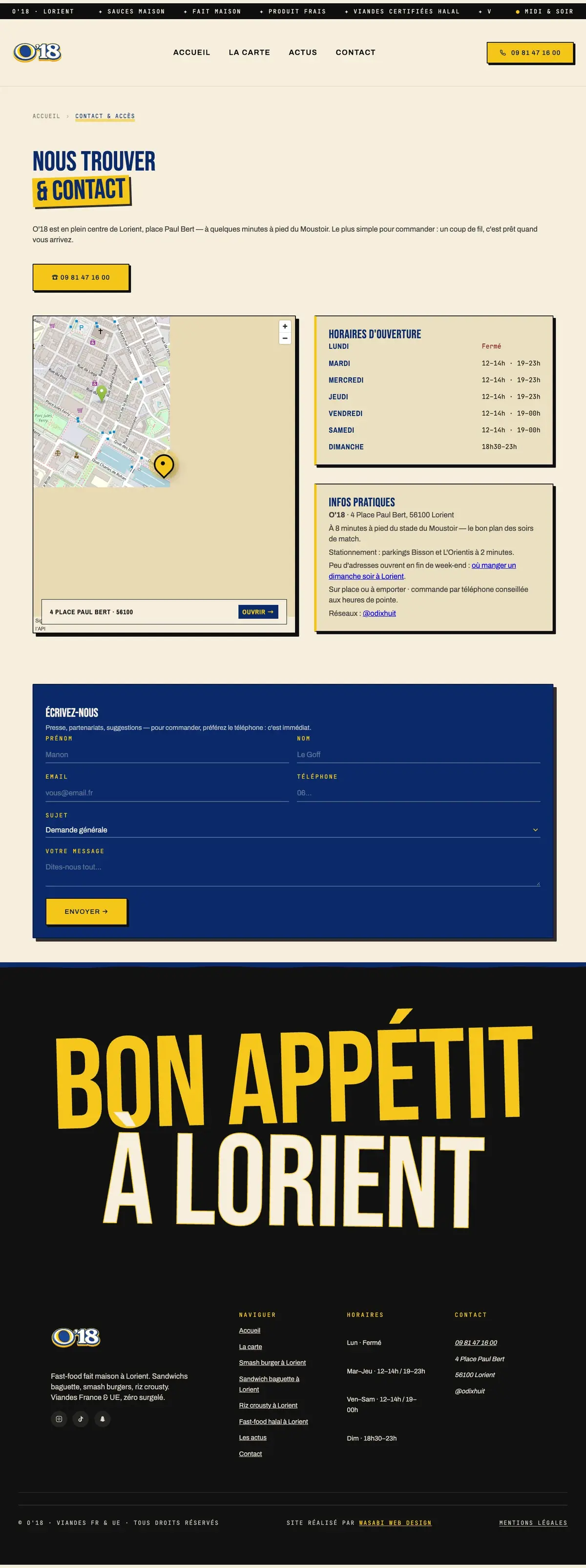 Contact du site O’18 sur ordinateur, capture de la page entière