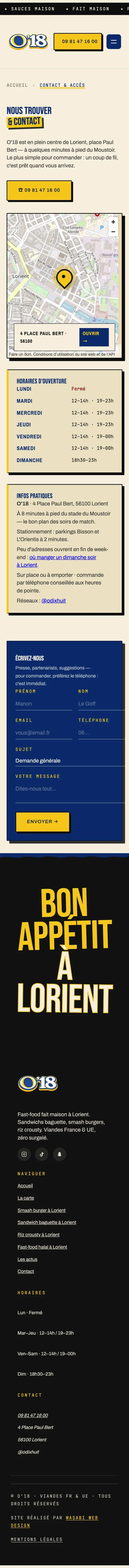 Contact du site O’18 sur téléphone, capture de la page entière