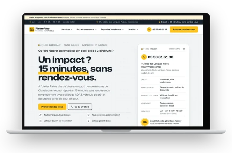 Le site de démonstration de Pleine Vue, atelier de vitrage automobile imaginaire, affiché sur un ordinateur portable