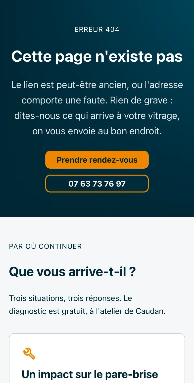Détail du site ReparGlass : la page introuvable