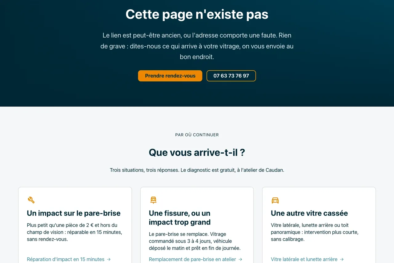 Détail du site ReparGlass : la page introuvable