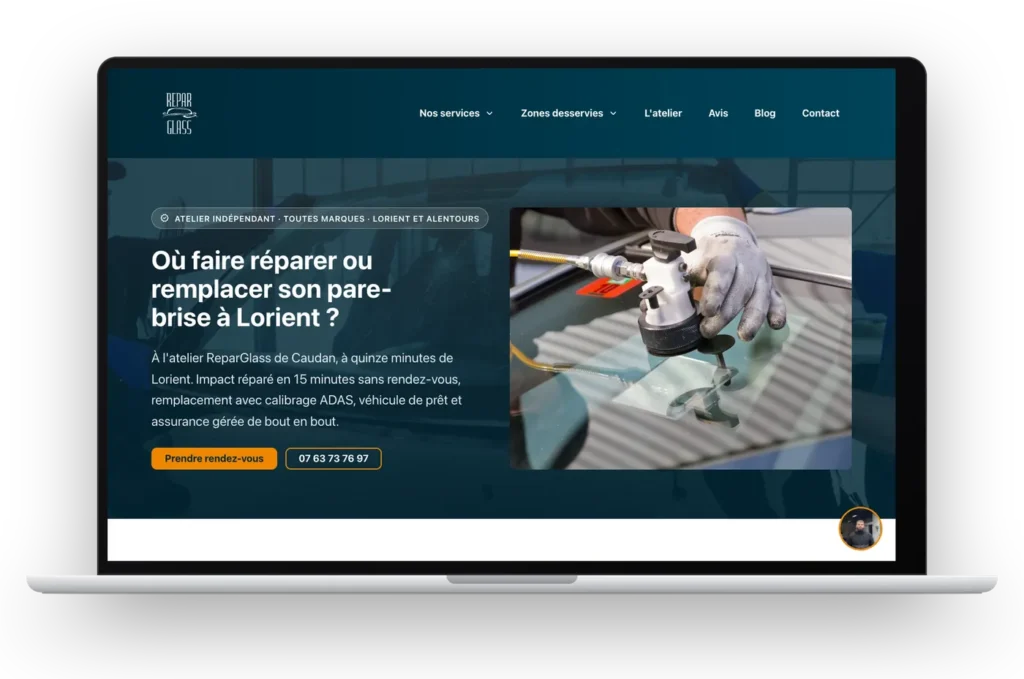 Le site ReparGlass affiché sur un ordinateur portable
