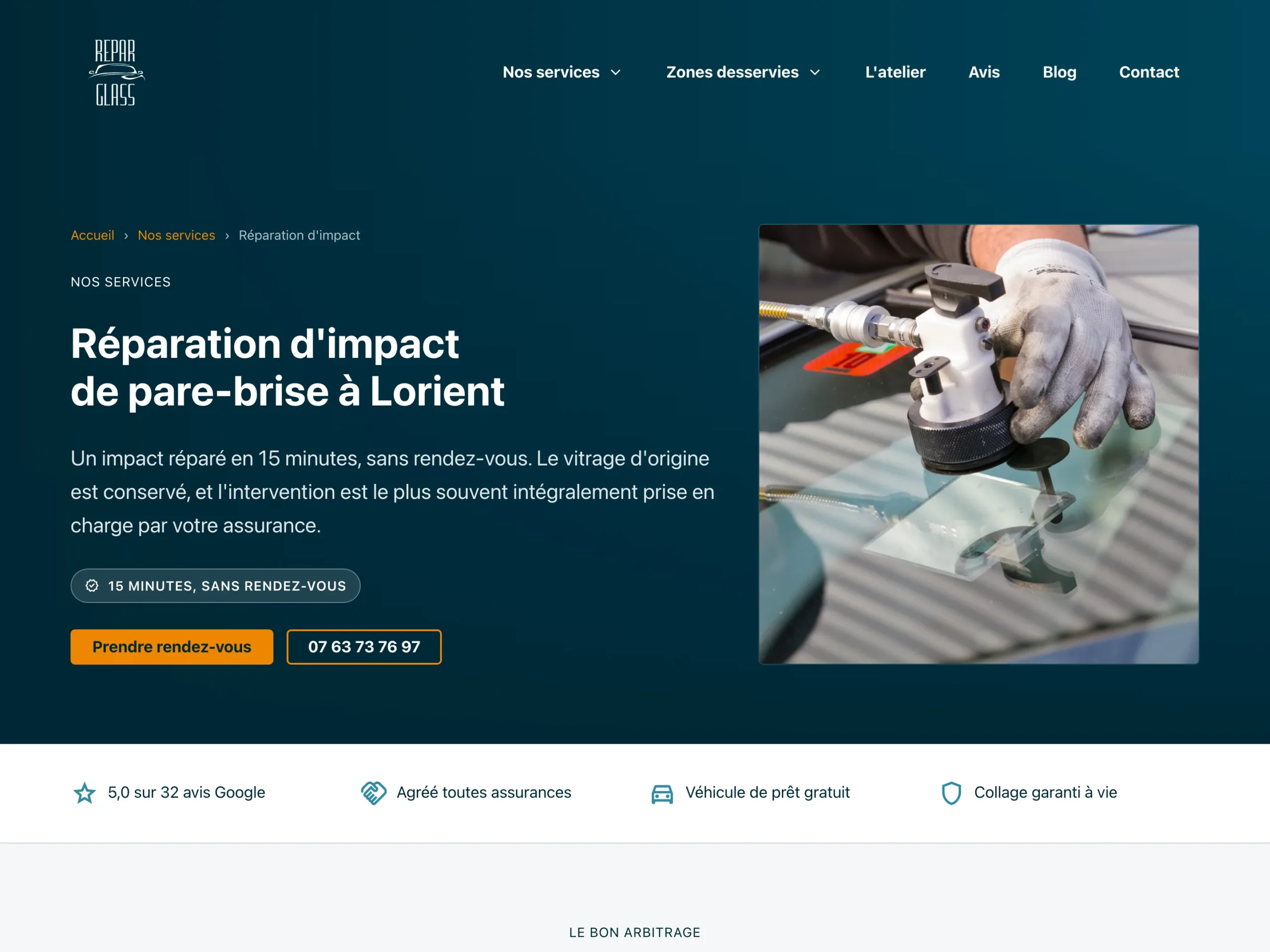 Page de service Réparation d'impact de pare-brise du site ReparGlass