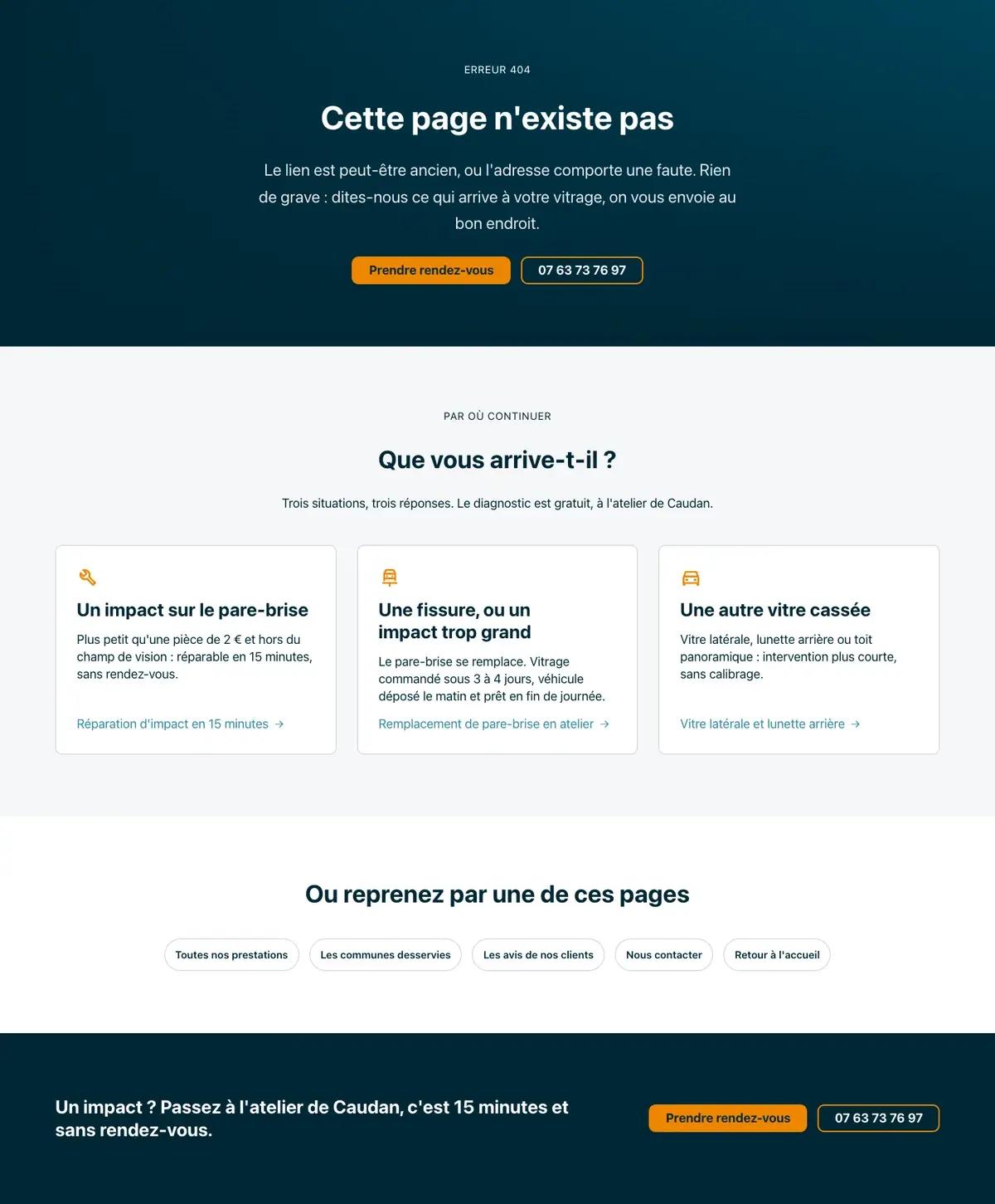 Page 404 du site ReparGlass sur ordinateur, capture de la page entière
