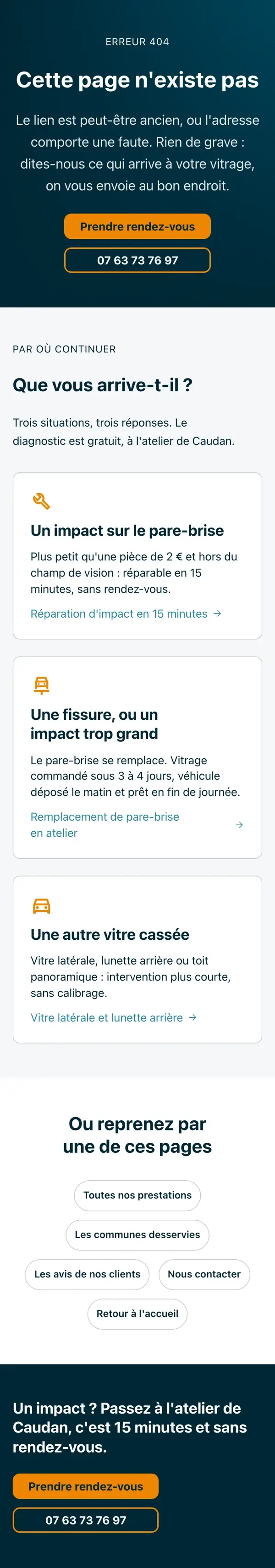 Page 404 du site ReparGlass sur téléphone, capture de la page entière