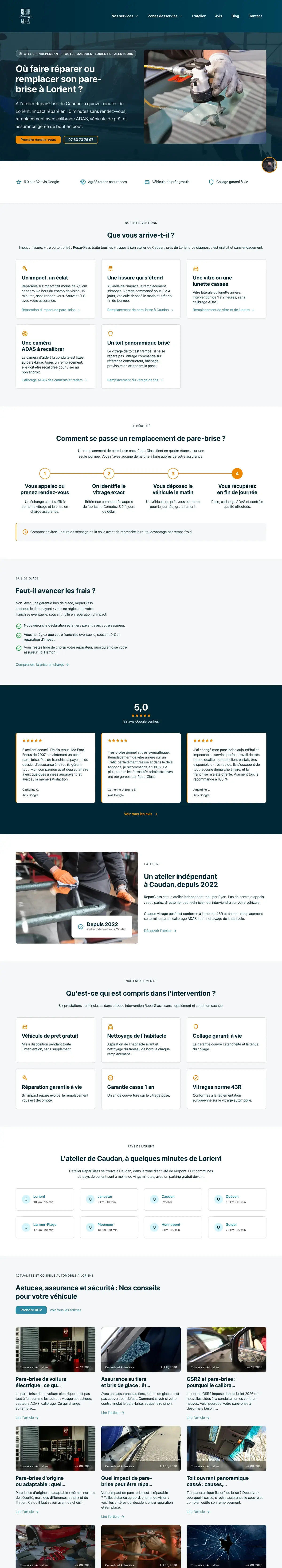 Accueil du site ReparGlass sur ordinateur, capture de la page entière