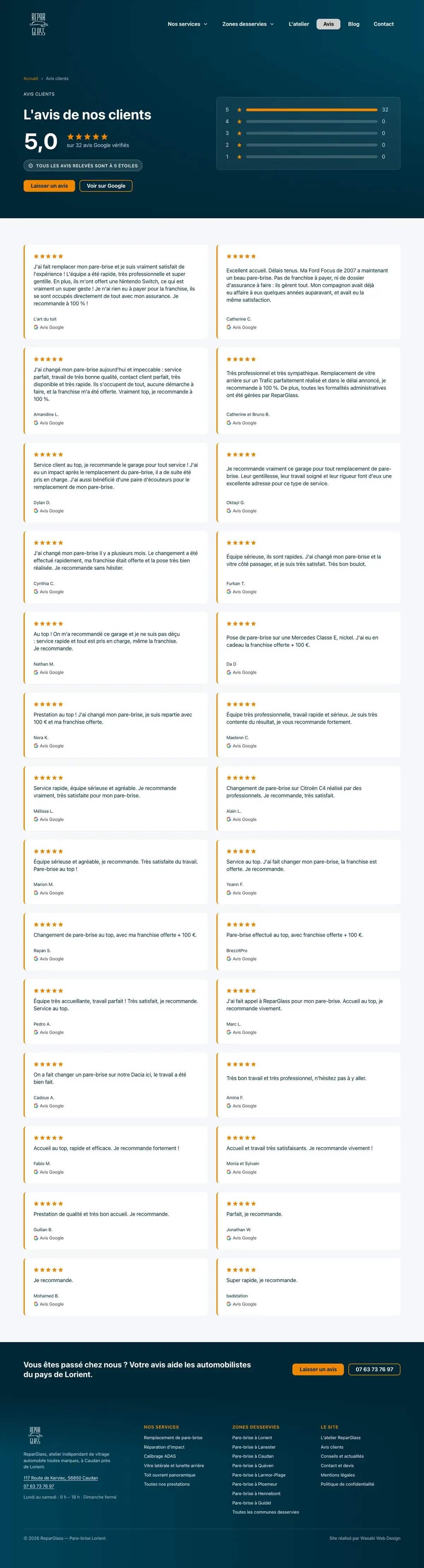 Avis du site ReparGlass sur ordinateur, capture de la page entière