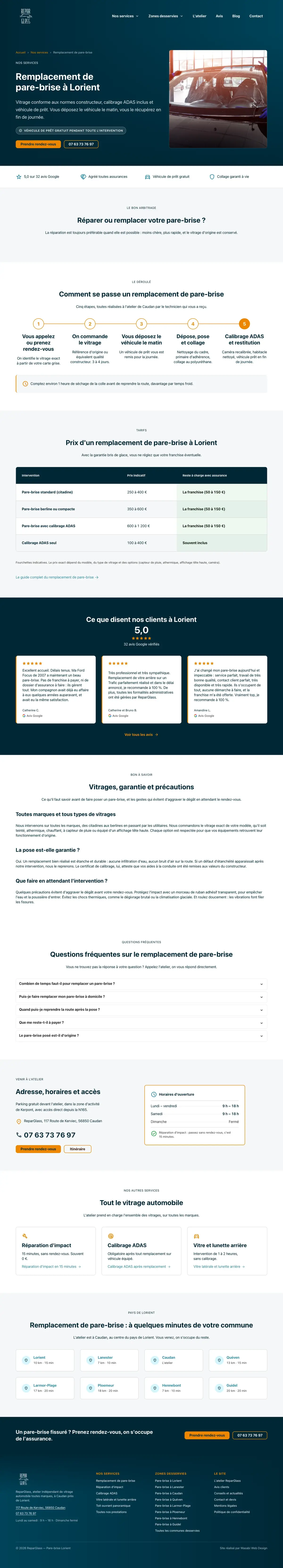 Une prestation du site ReparGlass sur ordinateur, capture de la page entière