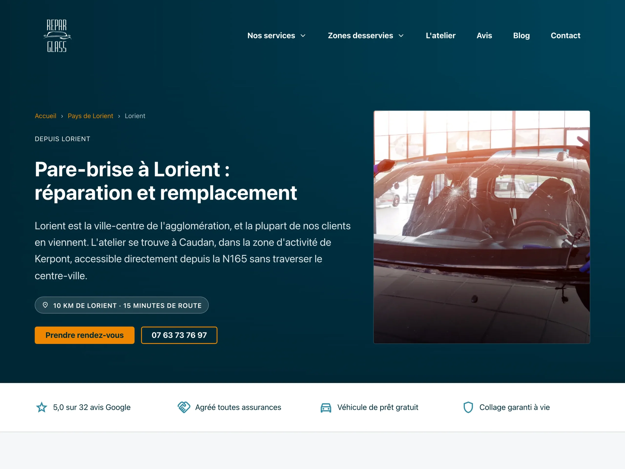 Page de zone Pare-brise à Lorient du site ReparGlass