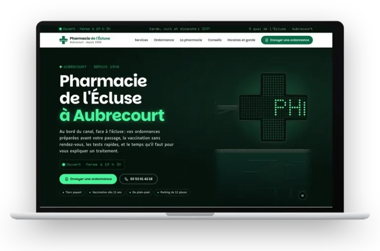 Le site de démonstration de la Pharmacie de l’Écluse affiché sur un ordinateur portable