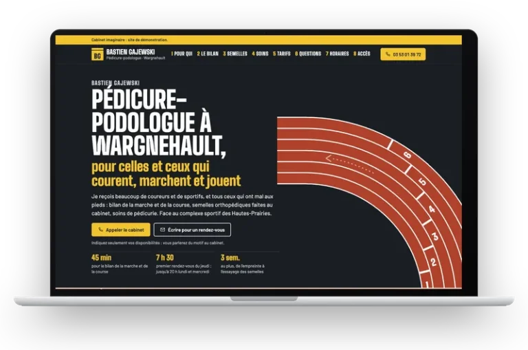 Le site de démonstration de Bastien Gajewski, pédicure-podologue, affiché sur un ordinateur portable