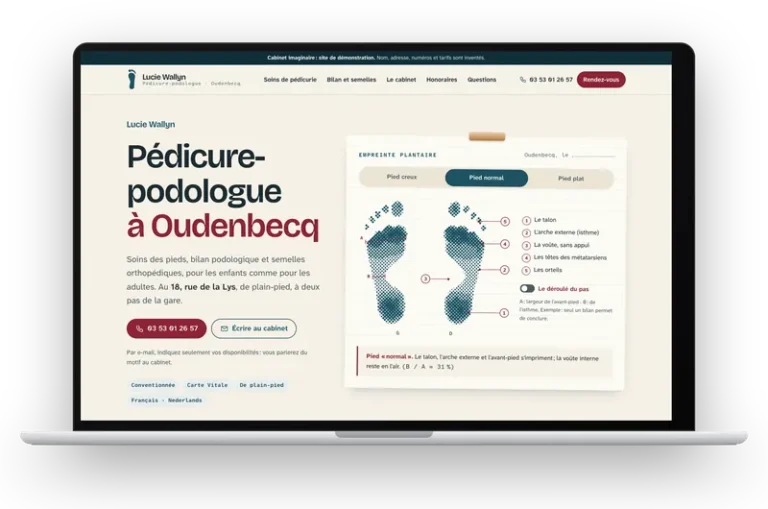 Le site de démonstration de Lucie Wallyn, pédicure-podologue, affiché sur un ordinateur portable