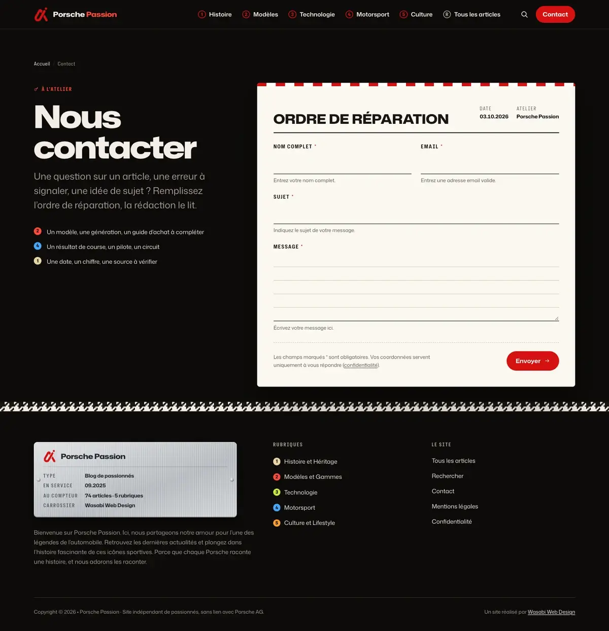Contact du site Porsche Passion sur ordinateur, capture de la page entière