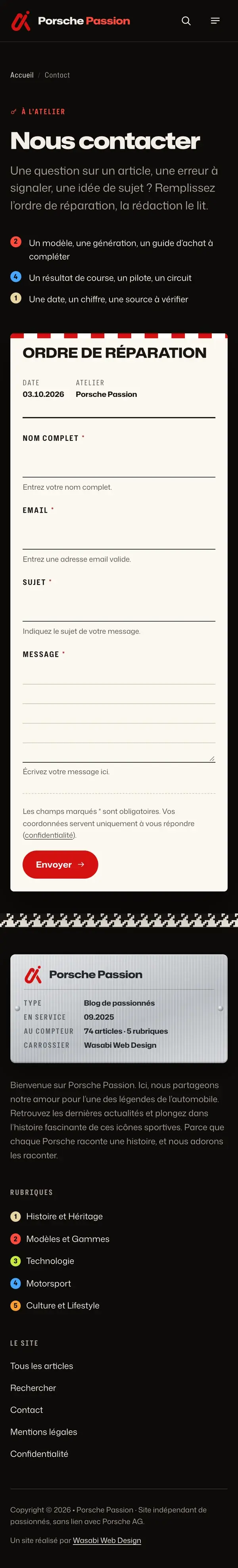Contact du site Porsche Passion sur téléphone, capture de la page entière