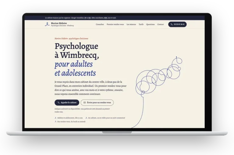 Le site de démonstration de Marion Hédoire, psychologue clinicienne, affiché sur un ordinateur portable