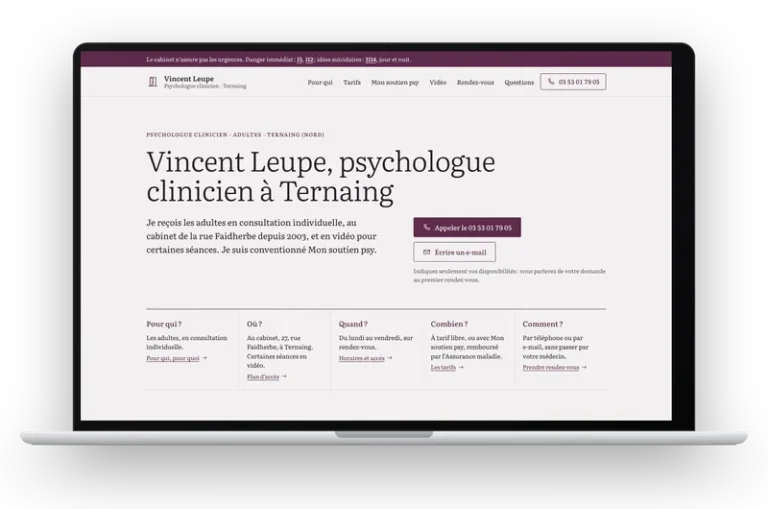Le site de démonstration de Vincent Leupe, psychologue clinicien, affiché sur un ordinateur portable