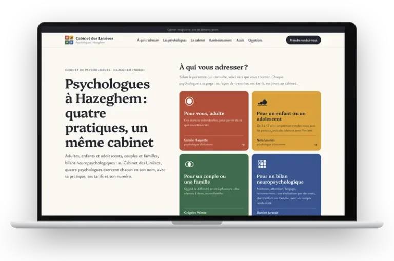 Le site de démonstration du Cabinet des Linières, quatre psychologues, affiché sur un ordinateur portable
