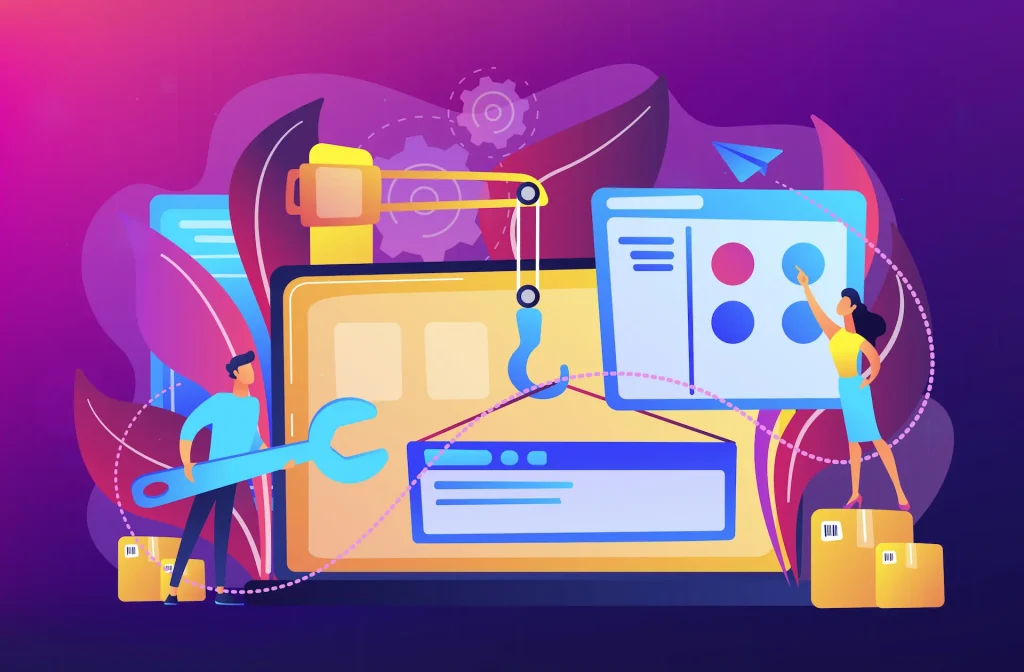 Équipe créative construisant une interface UX/UI avec outils, grue et panneaux de configuration